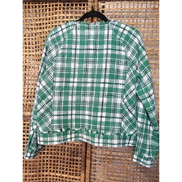 Cabi Library Women's MJacket Green White Black Plaid Tweed Blazer fringe hem - Picture 7 of 8